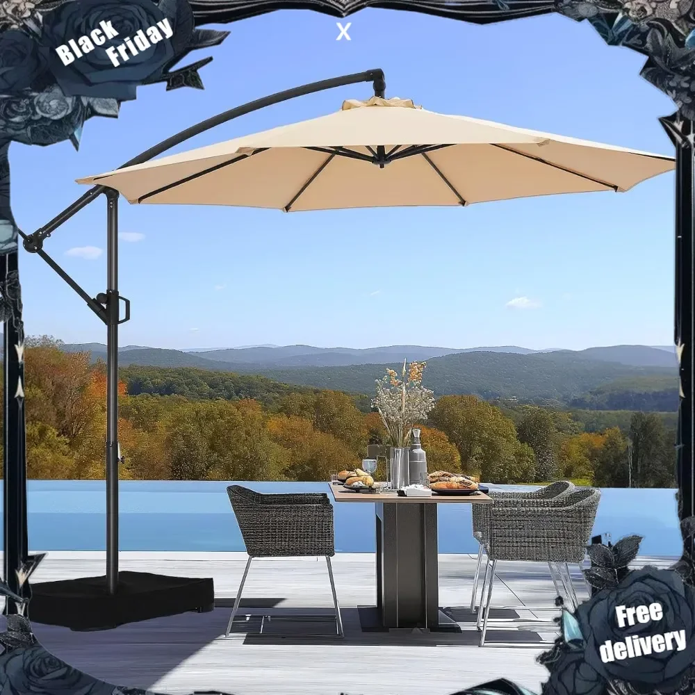 10ft Offset Patio Umbrella w/Base, Cantilever Offset Hanging Patio Outdoor Market Umbrella UPF50+ UV Protection with Easy Tilt