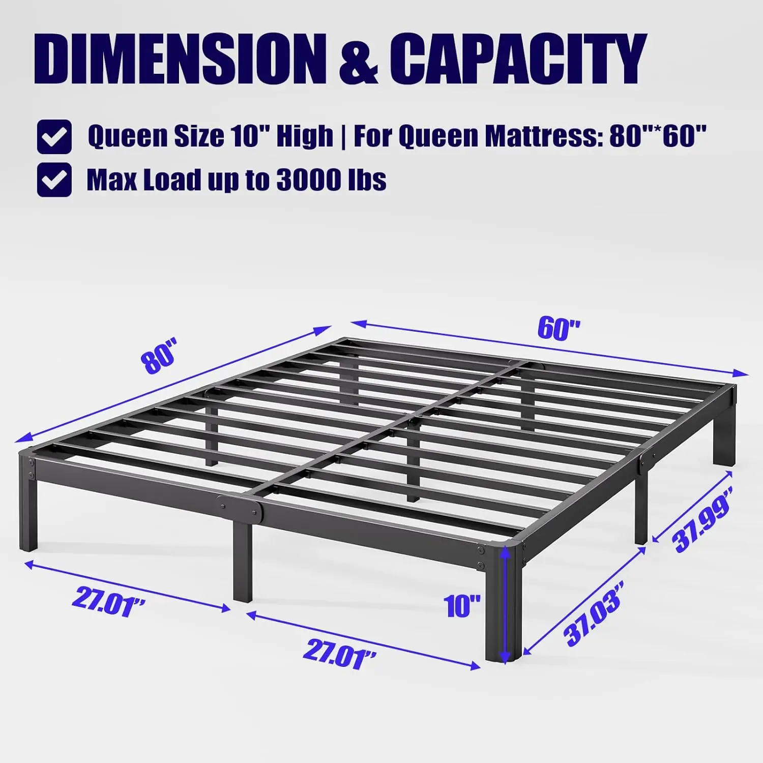 

10In High Queen Bed Frame No Box Spring Ned, Heavy Duty Metal Platform Bed Frame Queen Size With Round Corners, Easy Assembly,