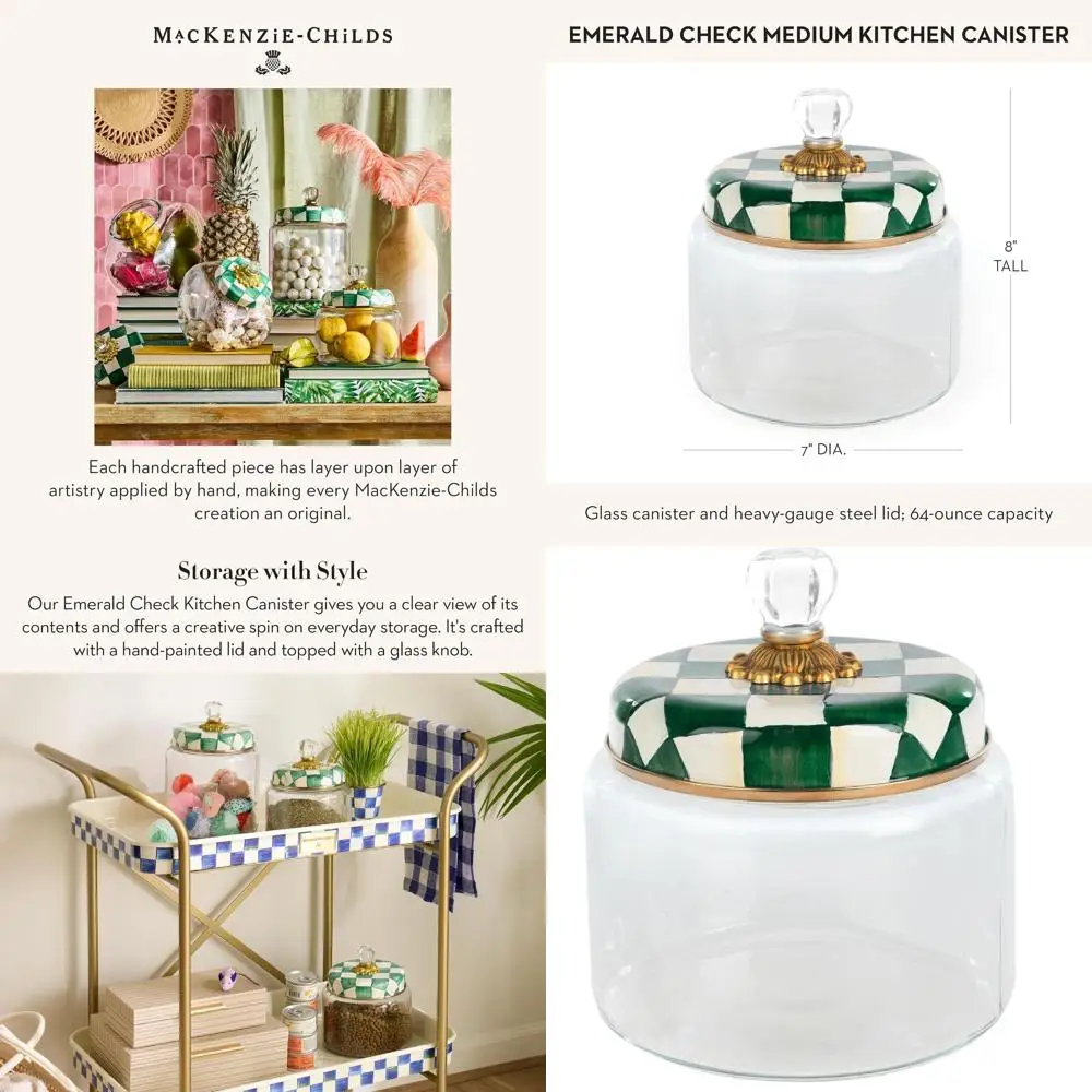 

Green & White Emerald Check Decorative Glass Kitchen Canister with Lid