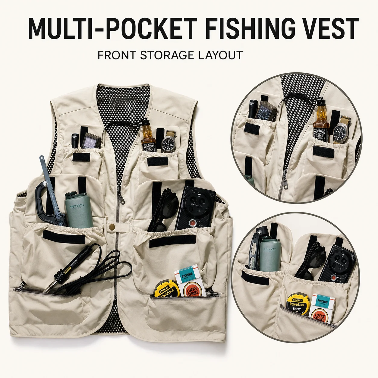 Fly Fishing Vest for Men Women Multi Pocket Mesh Lining Zipper Front Sleeveless Fishing Vest with Storage Pockets view 4
