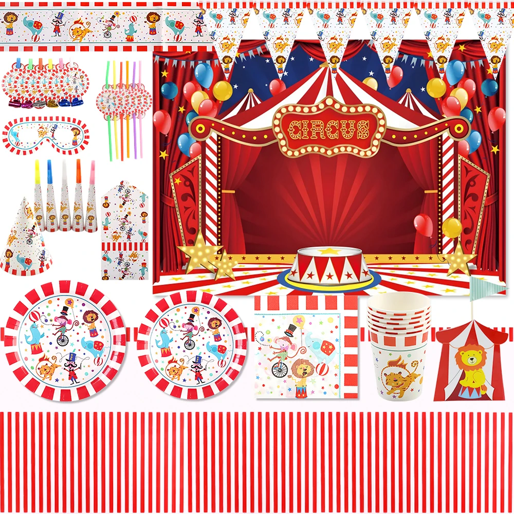 

Circus Carnival Party Supplies Disposable Tableware Plates Cups Striped Animals Party Kids Birthday Decorations Baby Shower Gift