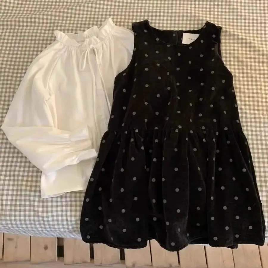 Girl's autumn and winter new woolen skirt, layered and versatile, cute college style sleeveless dress white shirt