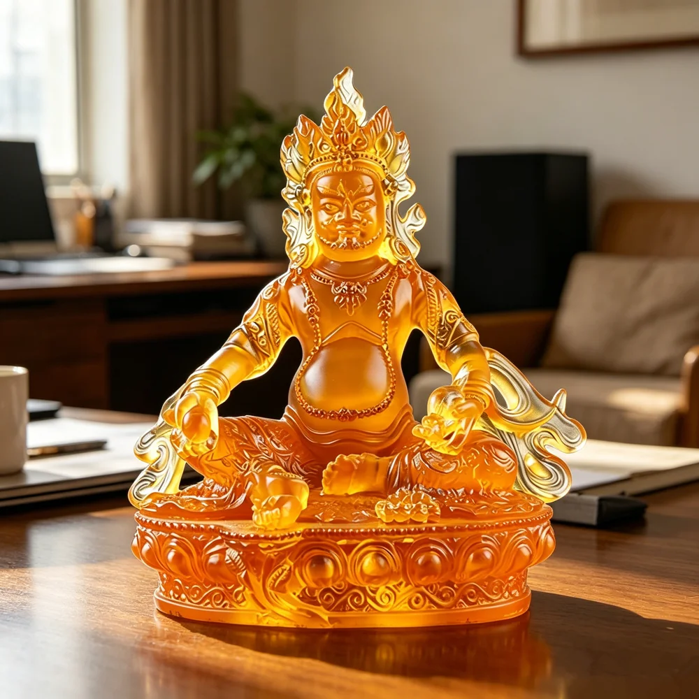 14.5cm Amber Resin Yellow Jambhala Statue, Buddhist God of Wealth Figurine, Feng Shui Ornament for Home Altar & Office