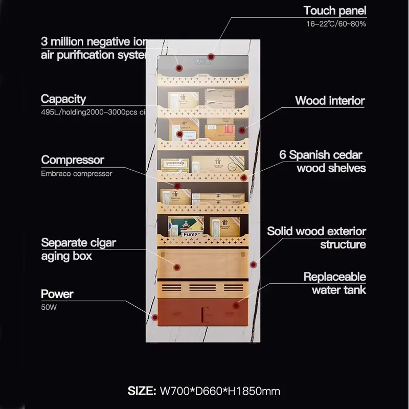 SICAO CS1800 495L Cigar Humidor Cabinet Cooler Digital Display Spanish Cedar Wood Frame Holds 2000-3000 Cigars for Home Bar