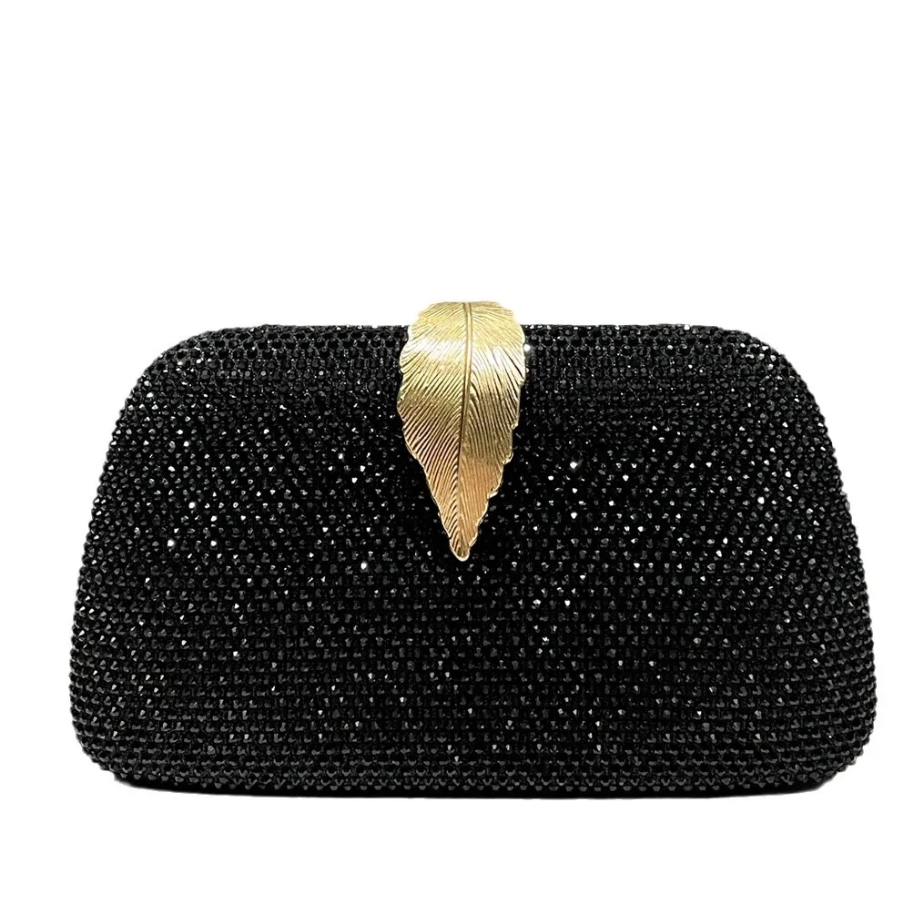 

Black shiny double-sided hot diamond rhinestone small hand bag, leaf buckle dinner bag, women's fashion temperament hand bag