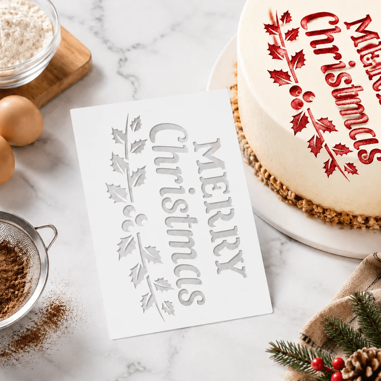 1‑Pack Christmas Holly‑Leaf Stencil, Food‑Safe PET Template for Cookie & Fondant Party Decor