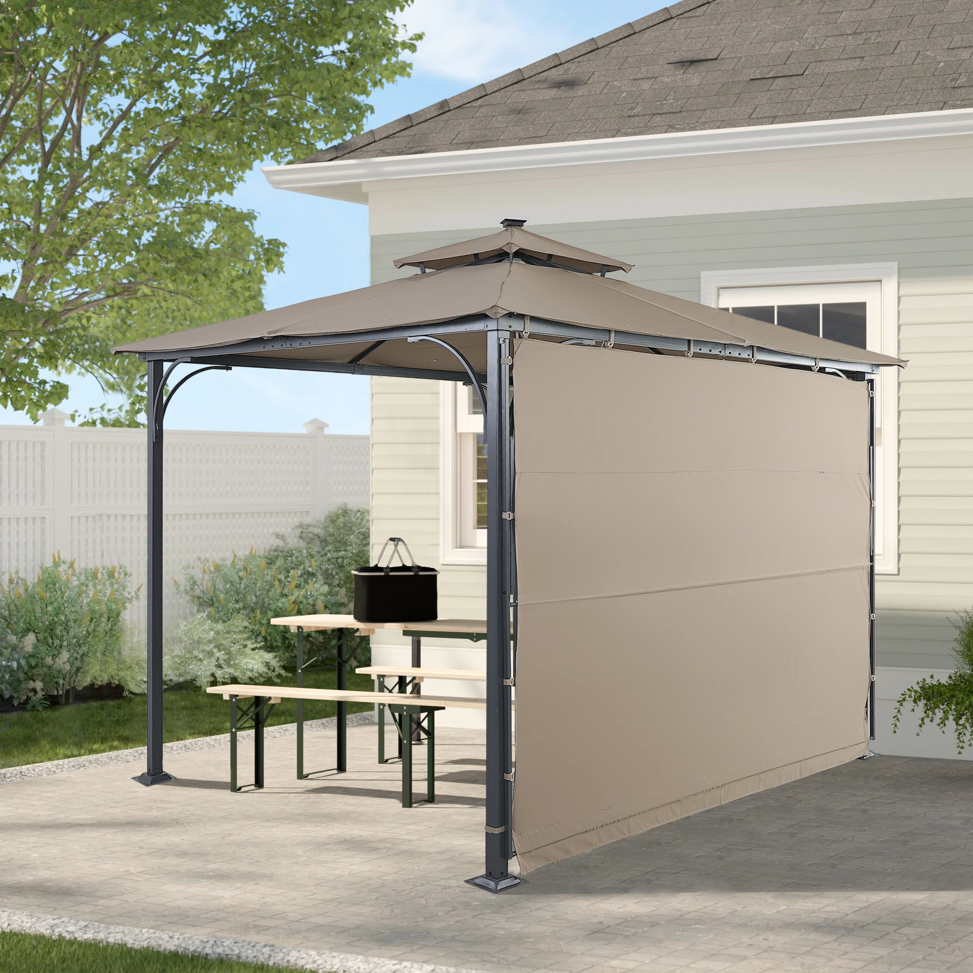 

Patio 9.8ft.L x 9.8ft.W Gazebo with Extended Side Shed/Awning and LED Light for Backyard,Poolside, Deck, Brown