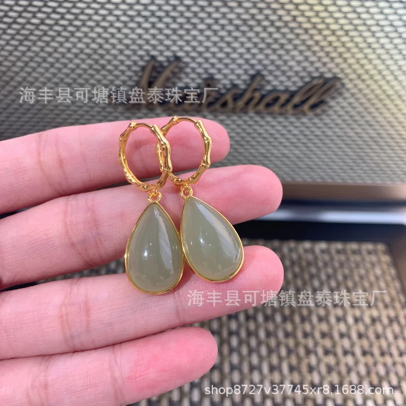 Factory Natural Hetian Jade Drop Court Style Earrings Ear Clip 925 Silver Inlaid