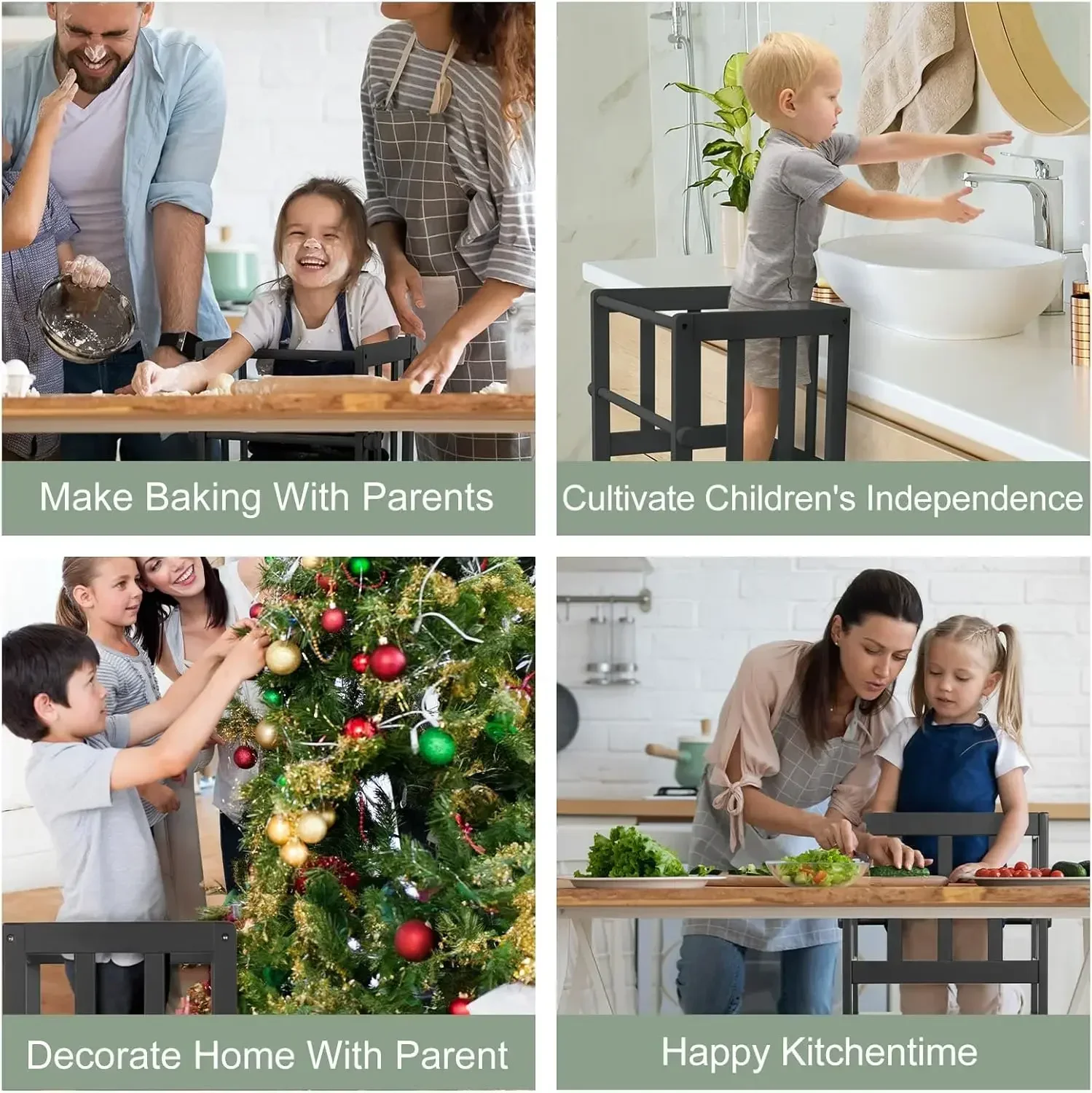 Kids Kitchen Step Stool Helper Baby and Toddler Multi-Function Step up Nursery Helper Stand with Safety Rail in Natural Bamboo,