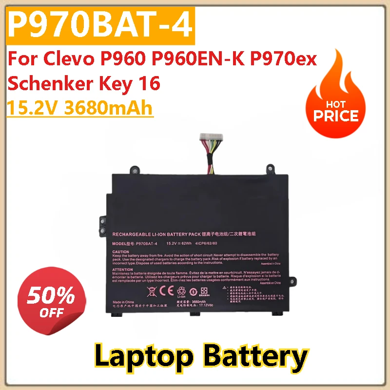 

100% New High Quality 15.2V 3680mAh Replacement Laptop Battery P970BAT-4 For Clevo P960 P960EN-K P970ex Schenker Key 16