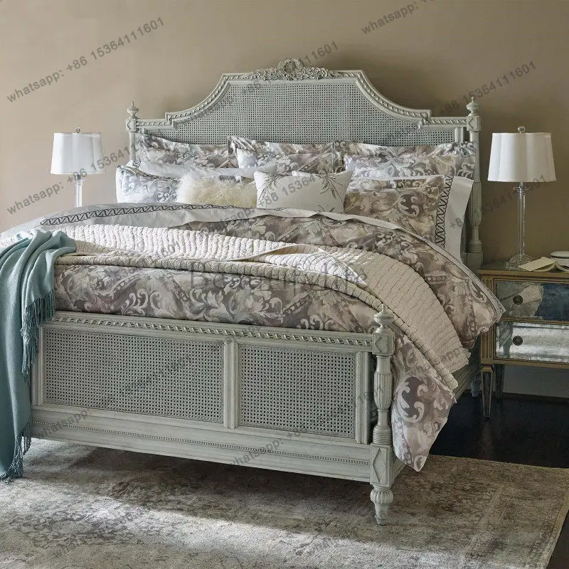 French solid wood rattan art bed princess 1.8 meters master bedroom rattan retro old carving