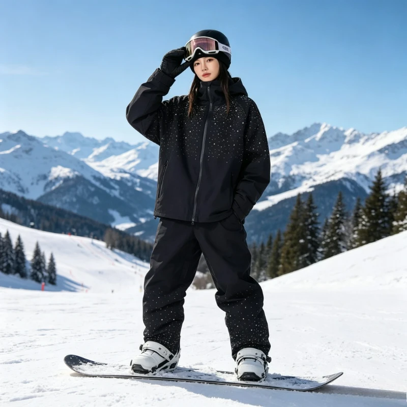 Unisex Baggy Ski Suit Set Rhinestone Fleece Lined Waterproof Windproof Thermal Fully Taped Ski Snowboard Jacket Pants Women Man