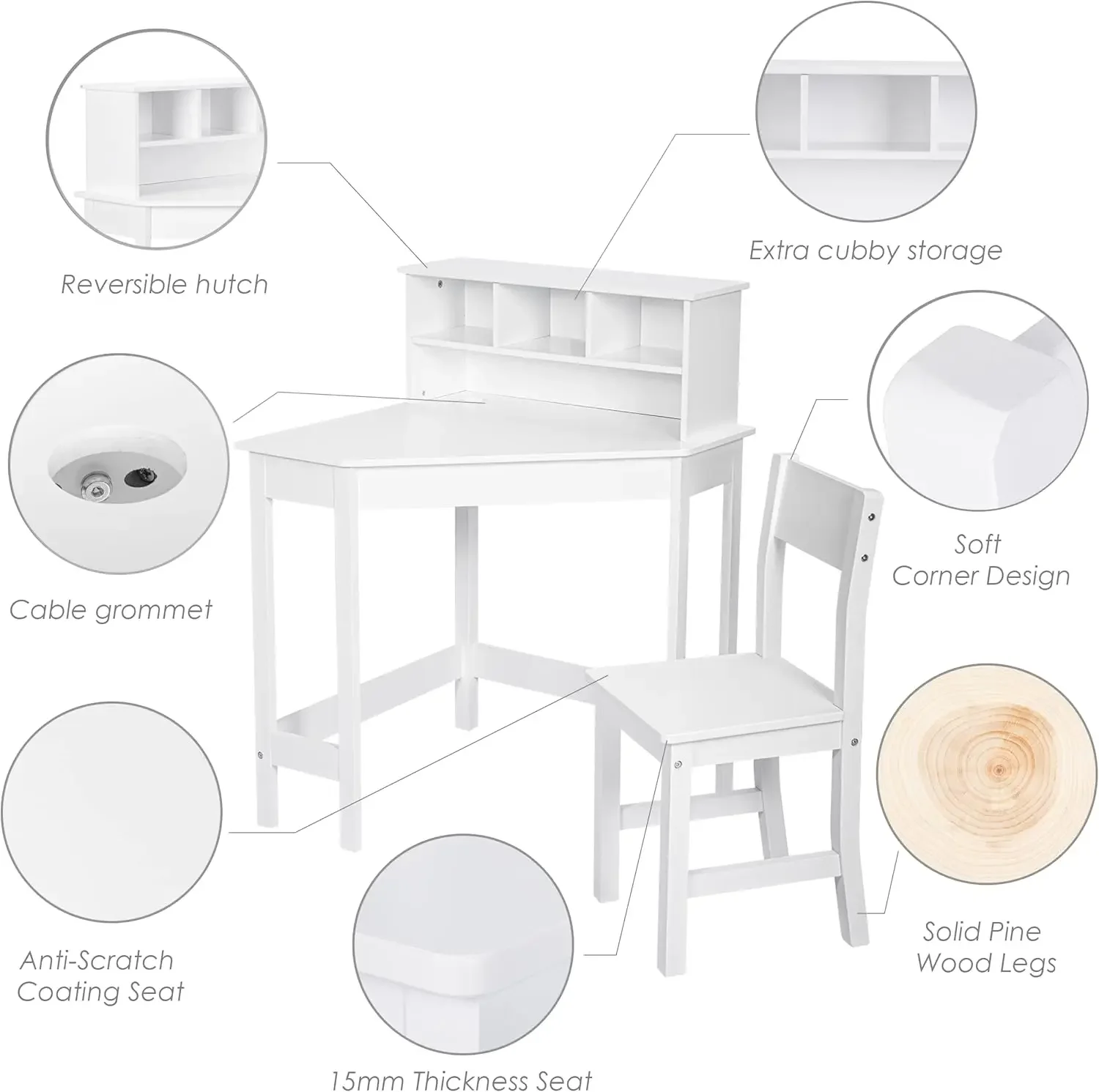 Kids Desk, Kids Corner Desk and Chair Set, Kids Study Desk with Storage and Hutch for Home School Use,White