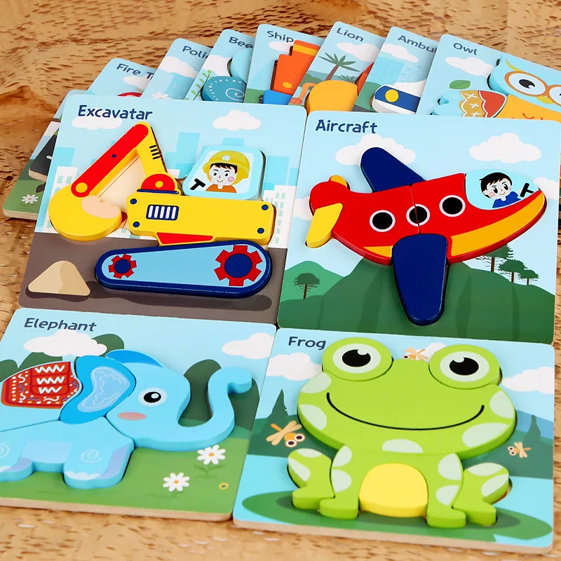 Toddler Puzzles Wooden Jigsaw 5.87 in with 3D Cartoon Animals Frog Elephant Owl Lion Shape Montessori Toys for Infant Kids