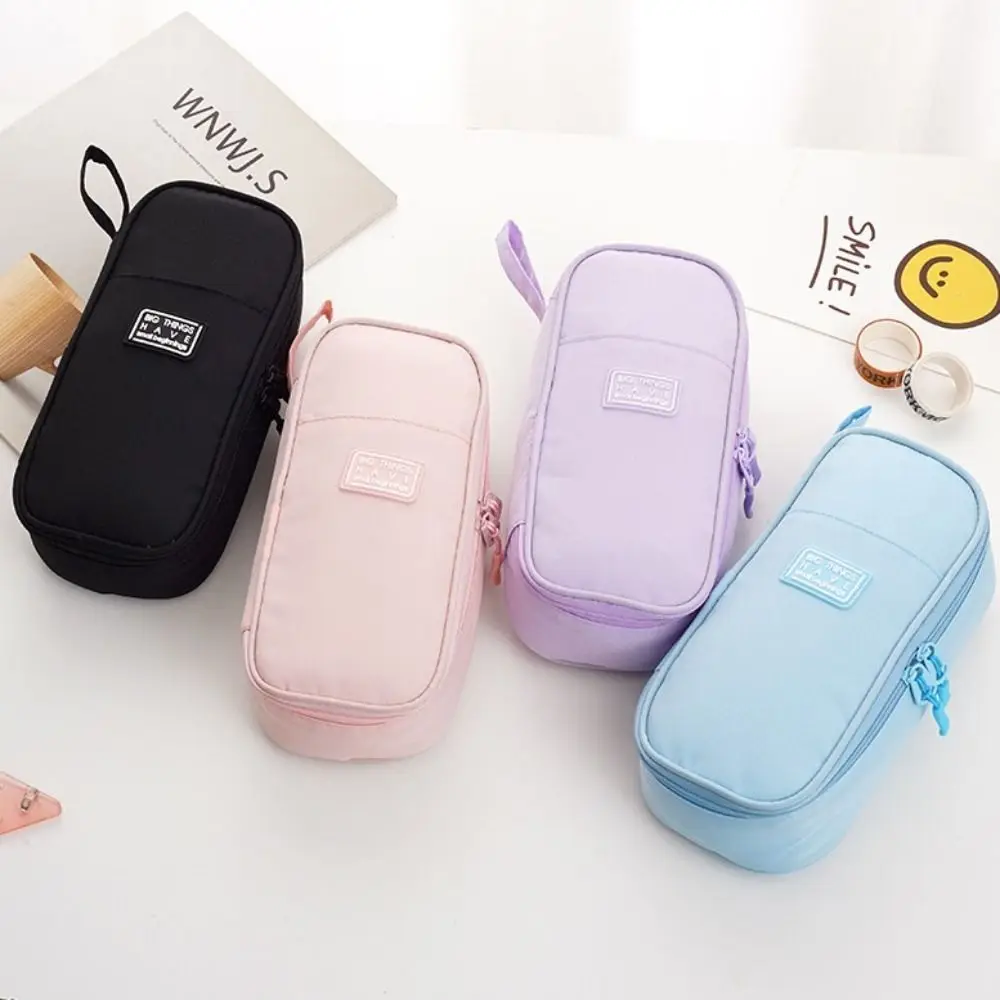 

Large Capacity Pencil Cases Pen Slot Double Layer Students Pen Bag Grid Pocket Solid Color Stationery Storage Pouch Girls