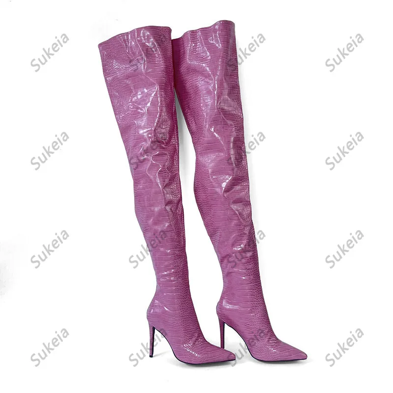 Sukeia-Botas de tacón de aguja de cocodrilo hechas a mano para mujer, zapatos de noche de punta estrecha, color rosa, talla grande de EE. UU., 5-15, Invierno