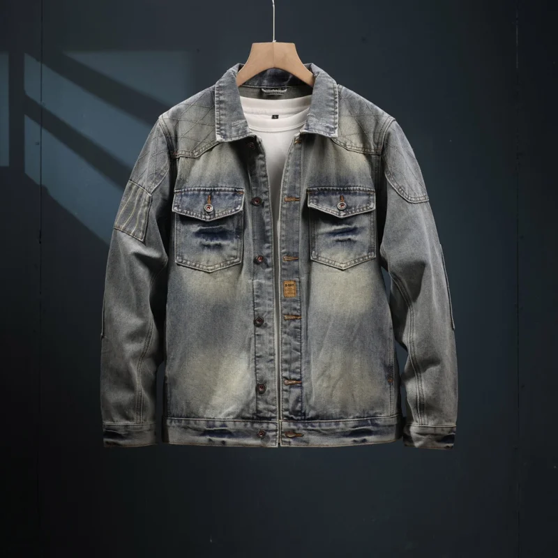 American Washed-out Vintage Blue Denim Jacket Men's Spring and Autumn Casual All-Matching Lapel Street Cool Distressed Clothes