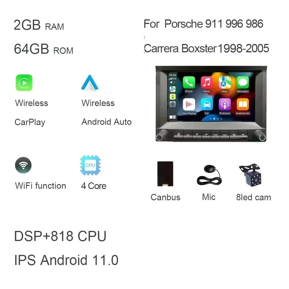 CarPlay 7 "2 din Android 14.0 Auto dvd-speler 8 Core 4GB DSP multimedia GPS autoradio Voor Porsche 911 996 986 Cayman Boxster
