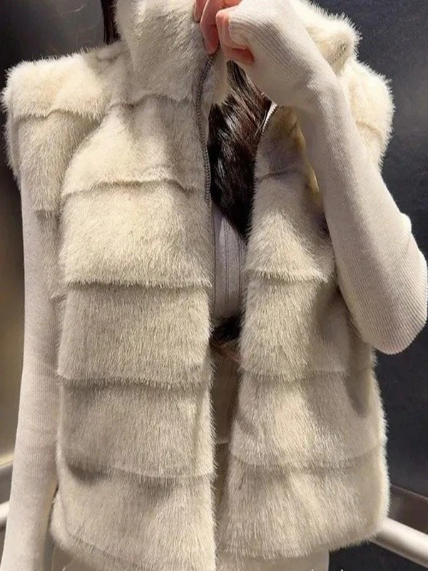 الشتاء شيك الفاخرة وهمية الفراء سترة المرأة سستة Svel الوقوف طوق ملابس خارجية دافئة ort Sle مستقيم أنبوب القرد