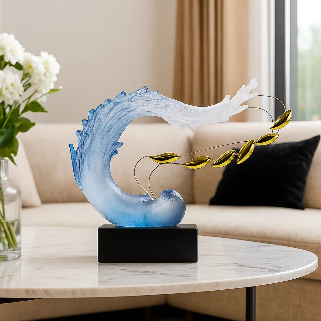 *#QArtistic Blue Wave Resin Sculpture with Hand-painted Golden Leaves Guangdong Made Home & Hotel Decor&