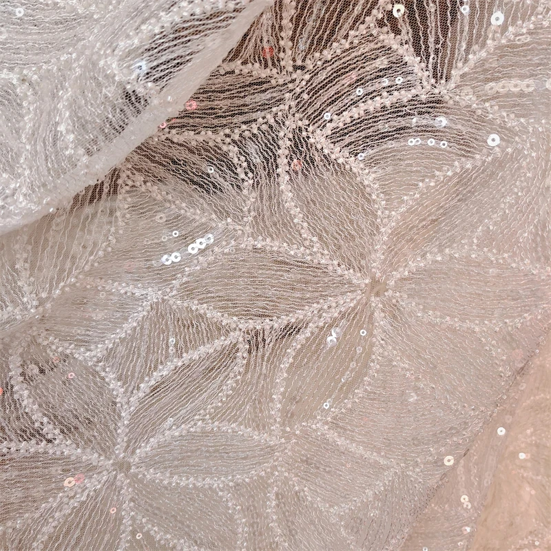 New Embroidery Beaded Sequins Lace Mesh Fabric Flower Cloth Material Wedding Dress Skirt DIY Accessories Decoration Bridal Veil