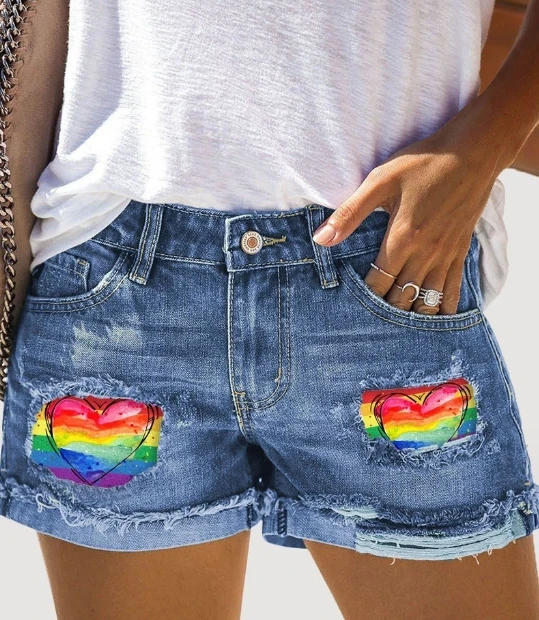 

Women's Rainbow Printed Patchwork Distressed Denim Shorts Temperament Commuting 2024 Summer New Fashion Daily Women Short Jeans