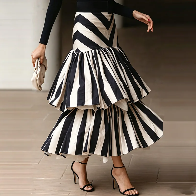 Women Striped Tiered Long Maxi Skirts High Waist Contrast Ruffle Hem Loose A‑Line Skirt Fashion Casual Holiday Daily Wear Skirts