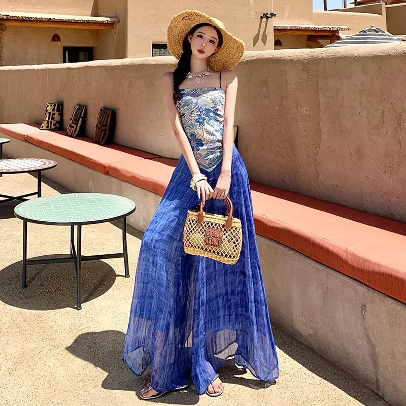 

Island Vaion Printed Loose Wide Leg Pants One oulder Dyeing Blue Two-Piece Set Women's Faion Ensemble Summer 2026