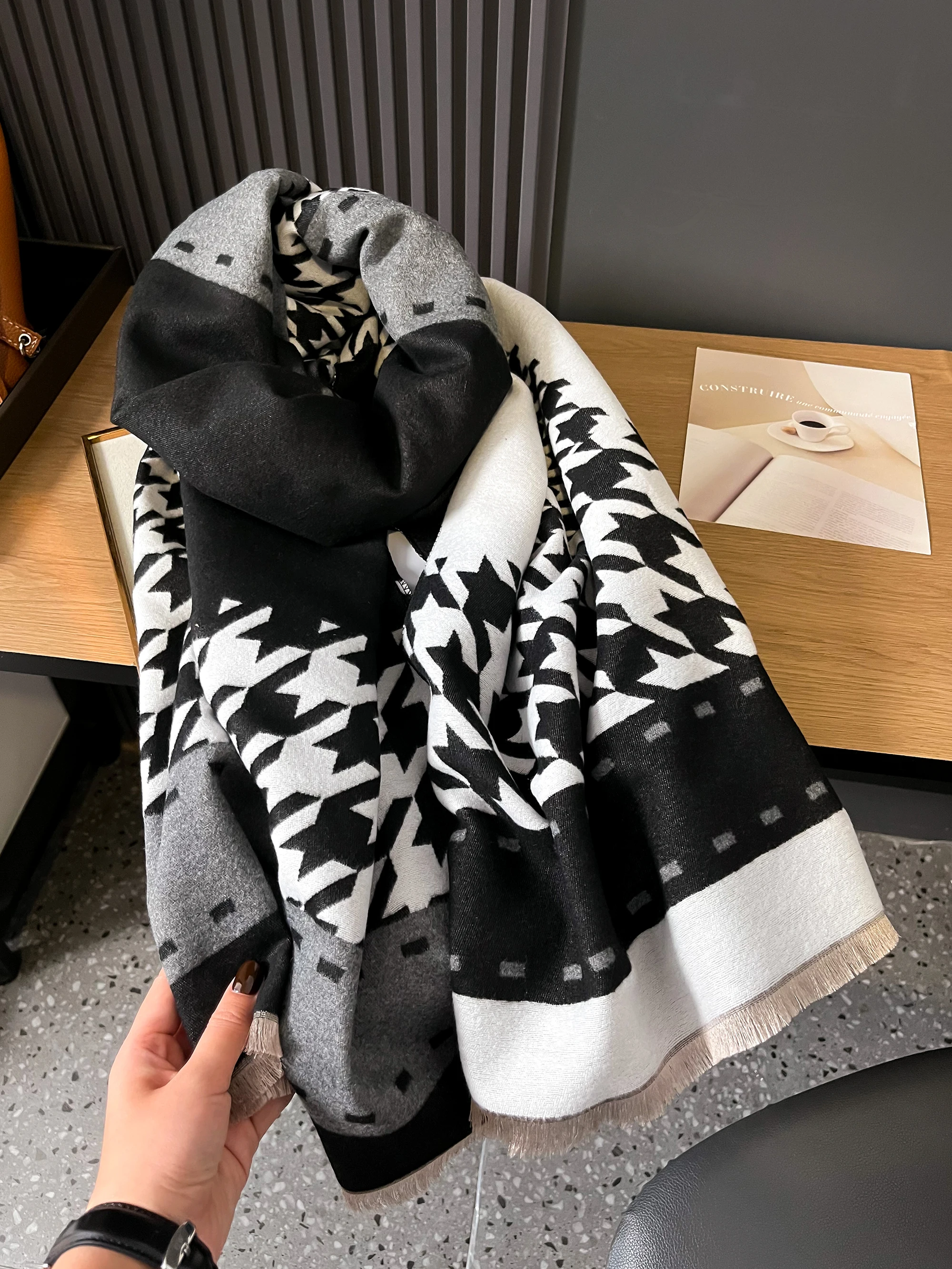 Luxury Cashmere Sacarf For Women Houndstooth Thick Winter Blanket With Tassel Large Shawl And Wrap Bufanda Warm Mantilla