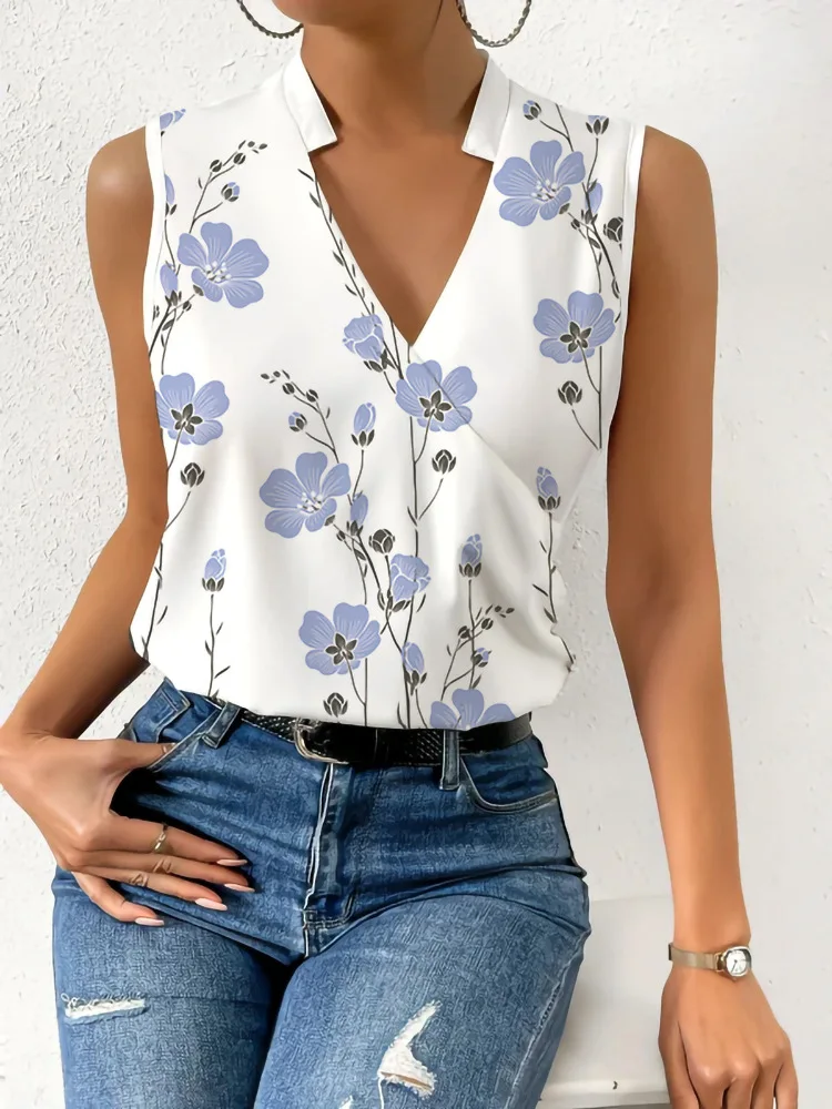 

Fashion Stand Neck Sleeveless Women Tops And Blouses Floral Print Tank Top Femme 2023 Summer Casual Office Vintage Womens Blouse