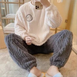 Autumn Winter New Warm Padded Pajamas for Men Casual Simple Crew Neck Smile Print Sleepwear Korean Cute All-match Men's Pajamas