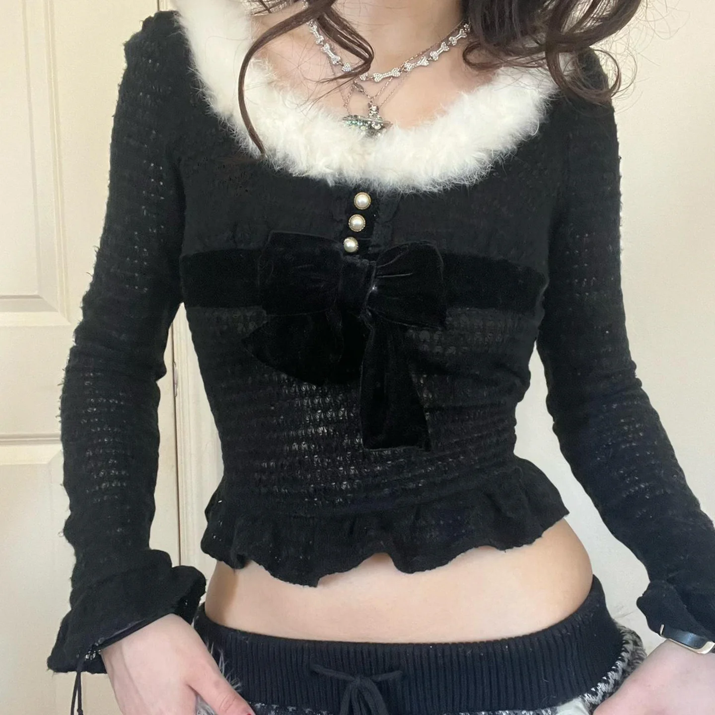 

Sweet Fur Trim Knitted Sweaters Cute Patchwork Velvet Bow Long Sleeve Pullovers Women 2025 Autumn Winter Fashion Y2K Streetwear