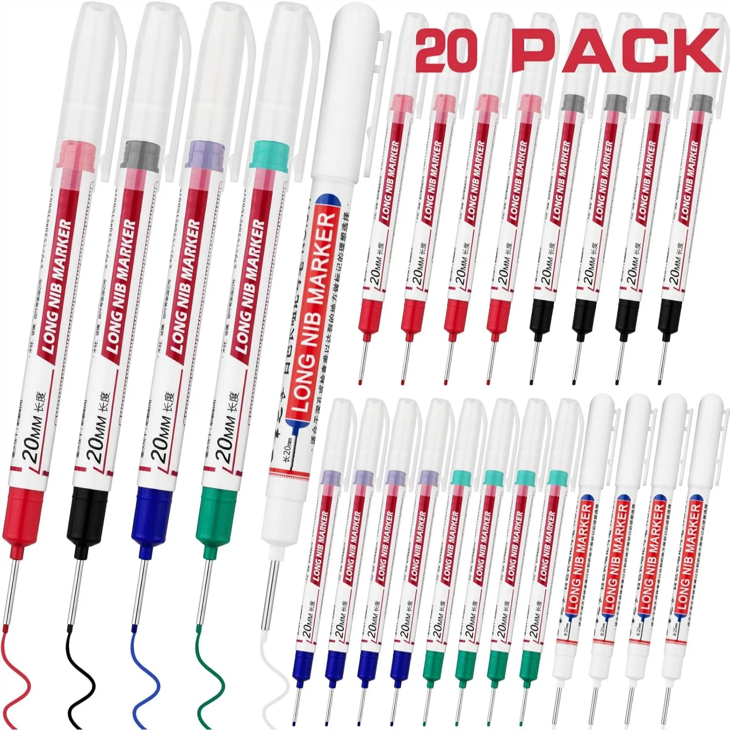 

20 PCS Long Nib Markers for Deep Hole Marking, 20mm Tip, 5 Colors, Waterproof Permanent Ink for Construction, Metal, Wood