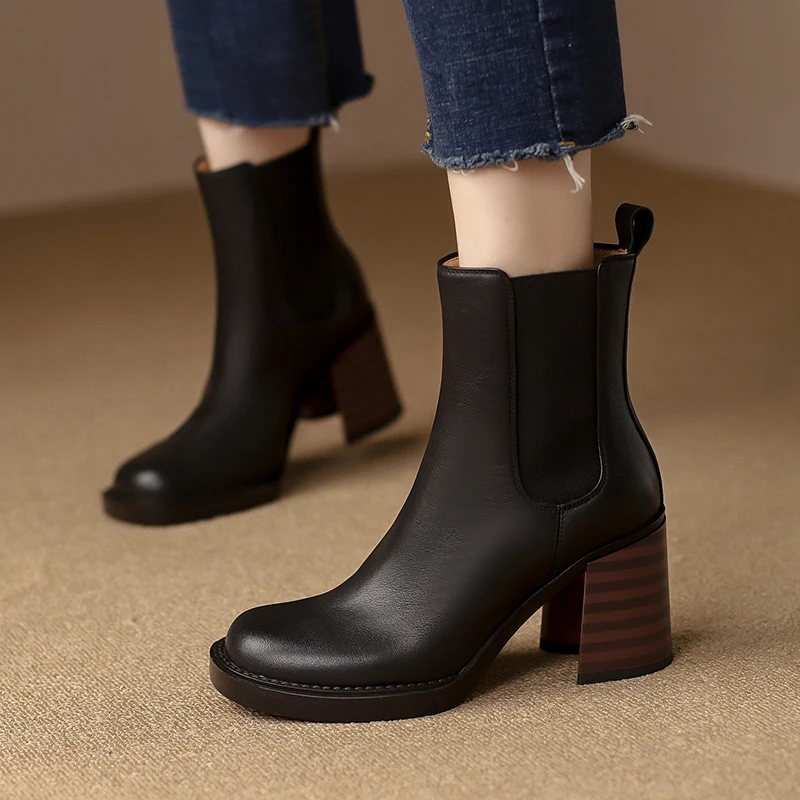 2022 New Fashion Women Shoes Round Toe High Heel Shoes for Women Black Leather Boots Women Elastic Band Boots Winter Women Boots