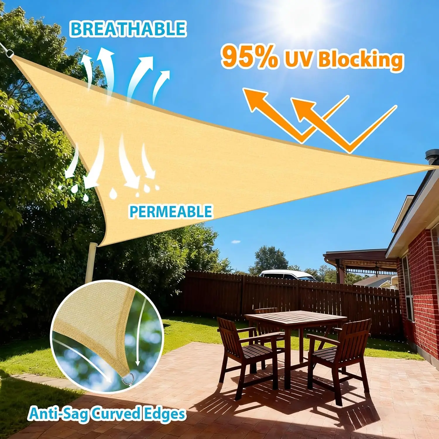 Triangle Sun Shade Sail 24'x24'x33.9' Sand UV Block Breathable Canopy for Patio Garden