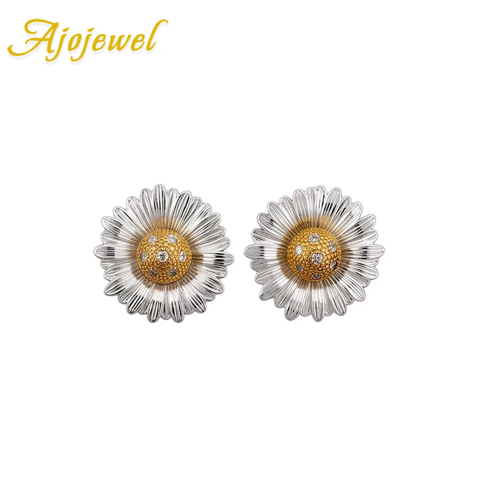 Ajojewel Pendientes de flor de margarita de dos tonos con circonita cúbica, lindos regalos de joyería para niñas y mujeres jóvenes