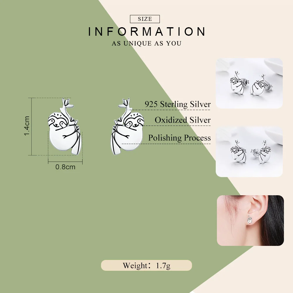 BAMOER Hot Sale 100% 925 Sterling Silver Lovely Sloth Animal Small Stud Earrings for Women Sterling Silver Jewelry S925 SCE327