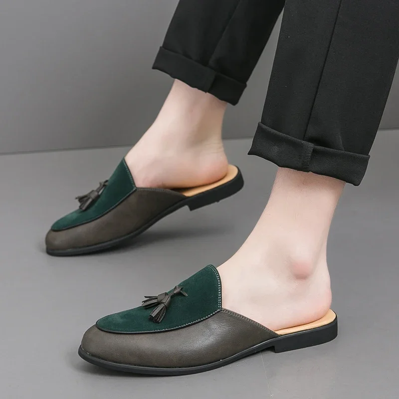 

Black Half Shoes for Men Mules Slippers Leather Shoes Men Fashion Sapato Social Masculino Mocassin Homme Chaussure Zapatillas