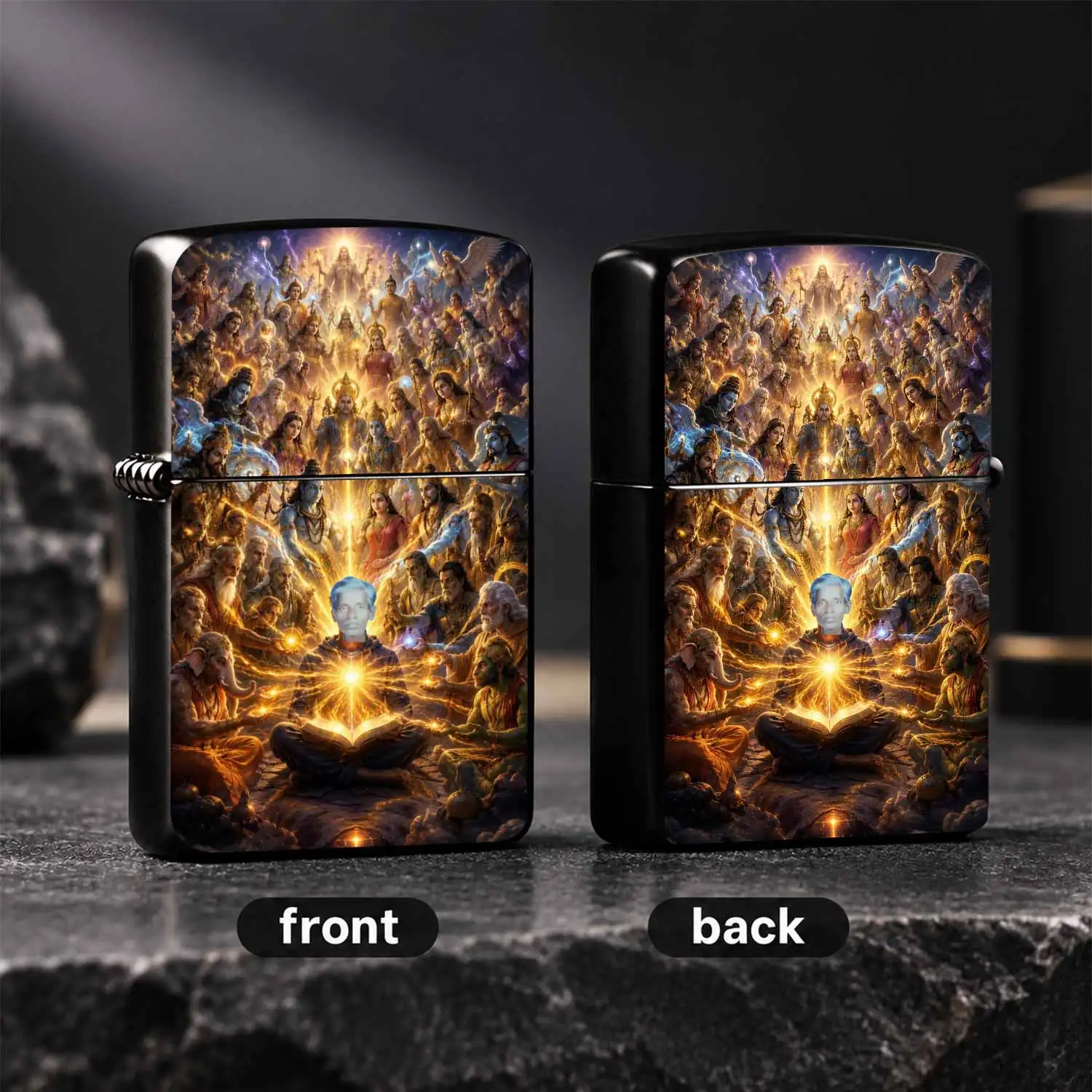 Creative Lighter With Exquisite Indian Myth Gods Surrounding Art Print, Aesthetic Glowing Sacred Figure Pattern Portable Accessory, Ideal For Daily Use, Outdoor Activities, Family Gathering And Gifting To Your Friends A Humorous And Interes