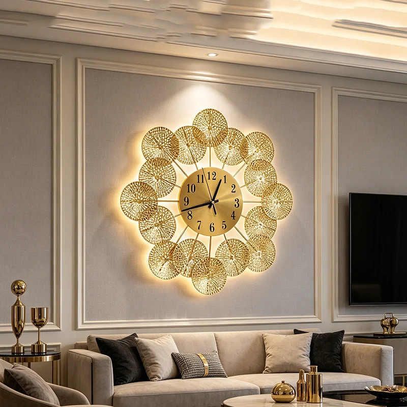 Light Luxury Lotus Leaf Hanging Wall Clock Nordic Silent Living Room Clock Creative Wall Decoration Clock Hanging Decor Ornament