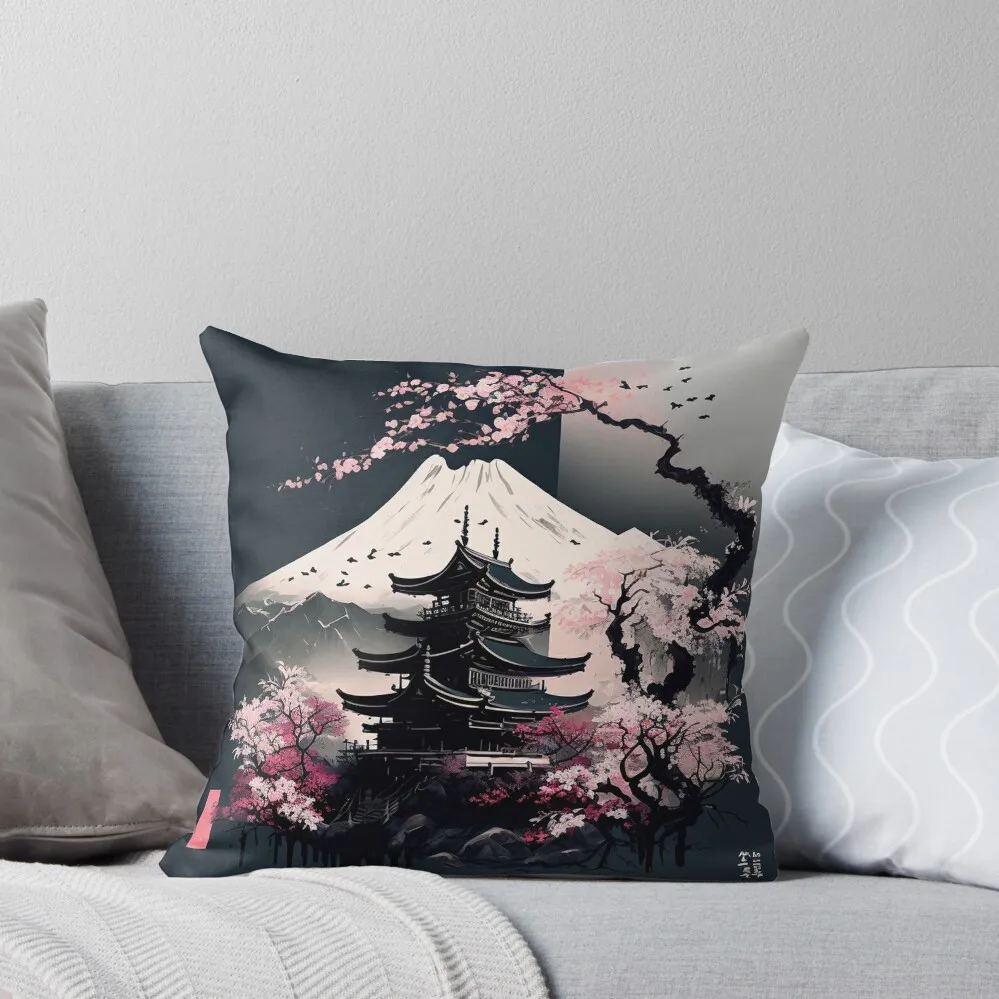 Japanese architecture with cherry blossoms Throw Pillow ornamental pillows christmas ornaments 2024 Sofa Cushions