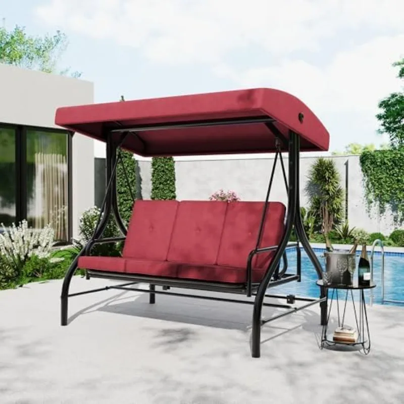 3-Seat Outdoor Patio Swing with Adjustable Canopy & Backrest, Outside Porch Converting Bed with Thickened Removable