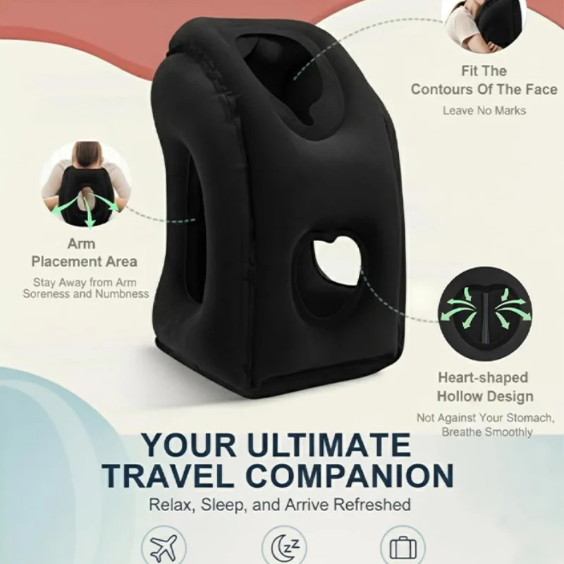 Inflatable Travel Neck Pillow Flocked Nap Pillow, Portable Blow Up Face Down Rest Cushion for Long Trip Office Desk Sleeping