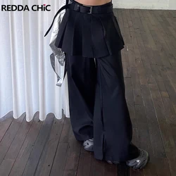 REDDACHiC Women's Pleated Skirt Overlay Suit Pants Work Casual Loose Cleanfit Black Plain Wide Leg Long Trousers Formal Clothes