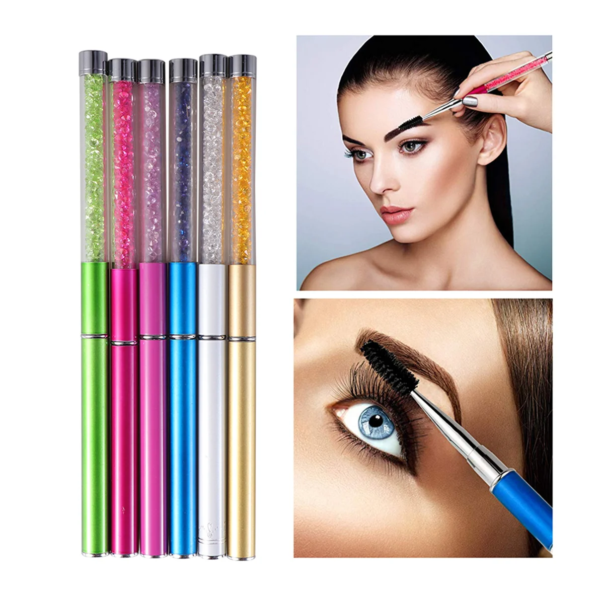 6 uds cepillo de pestañas espiral mango de diamantes de imitación para aplicación de máscara extensión de pestañas postizas herramienta de maquillaje uso en salón de belleza para mujeres