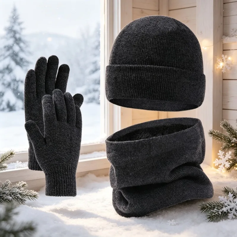 Mens 3 in 1 Winter Hat Scarf Gloves Set Fleece Lined Beanie Touchscreen Gloves Neck Warmer Cold Weather Gear