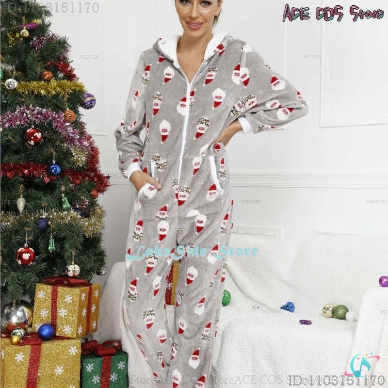 2025 Navidad Año nuevo pijamas traje Santa Cosplay Linda señora pequeño rojo verde estampado capucha franela mono mujer ropa de hogar