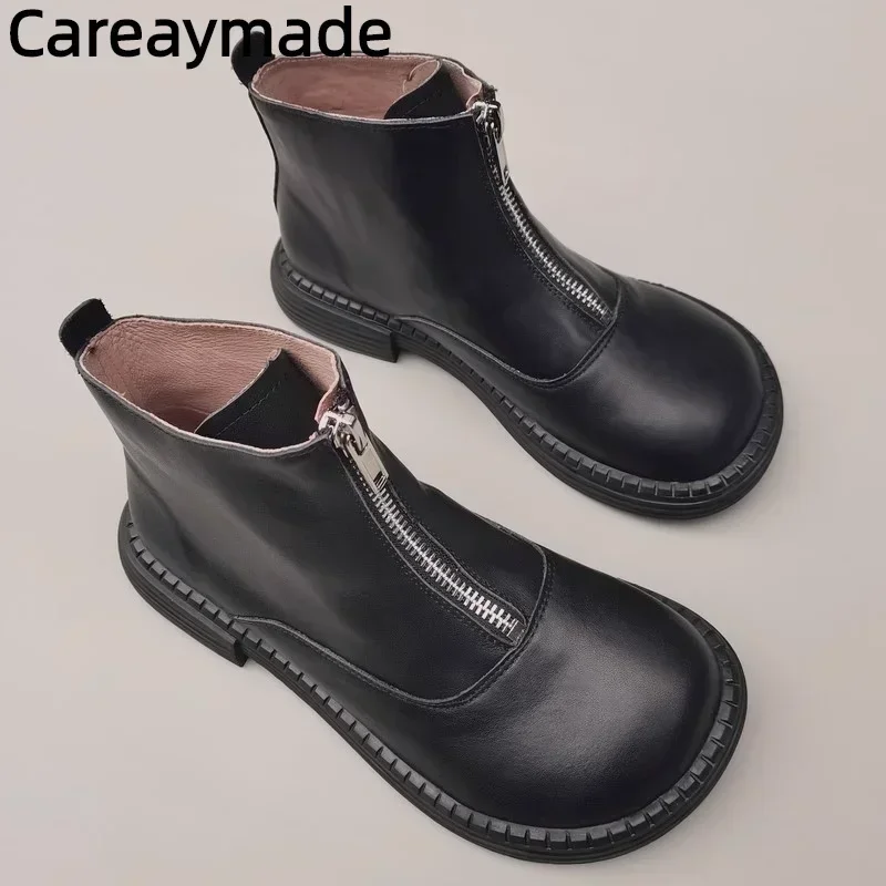 Botas cortas informales para hombre, zapatos de trabajo cálidos de lana de vaca, con cabeza grande ancha, Careaymade-100 % cuero genuino