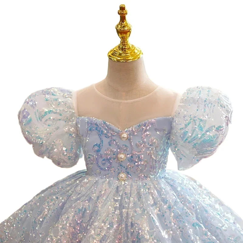 Robe de princesse vintage à paillettes pour filles, manches bouffantes, nœud papillon, costume de fête d'anniversaire, vêtements pour bébés et tout-petits, mode pour enfants, 1-12 ans