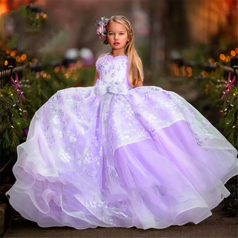 Sleeveless Fluffy Tulle Lace Printing Layered Flower Girl Dress Princess Ball First Communion Dresses Surprise Birthday Present